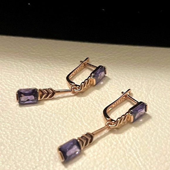 Rose Gold Purple Zircon Long Drop Earrings - Picture 2 of 3